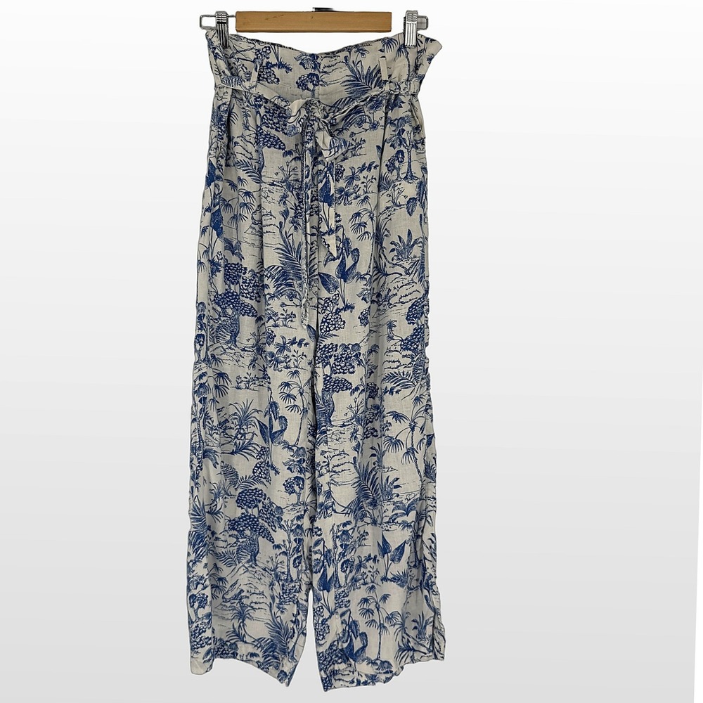 Nicole Miller Linen Blend Wide Leg Pants Women L Blue Toile Coastal Beach Preppy - Picture 2 of 15